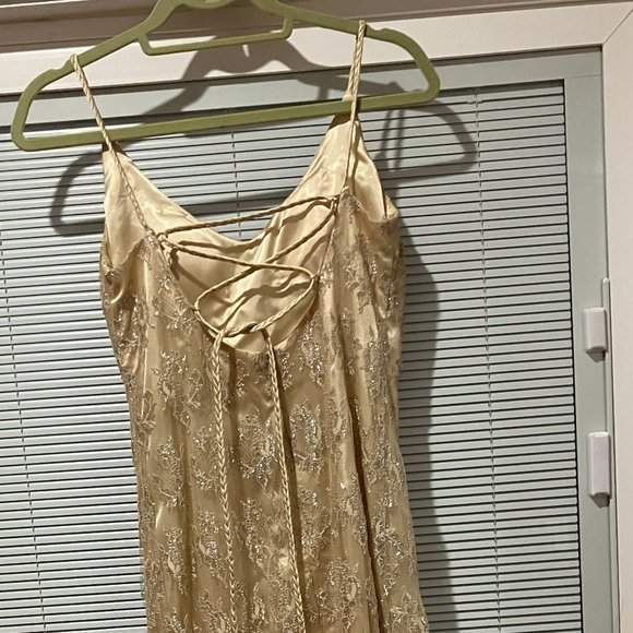 Champagne Beaded Embroidered Formal Dress with Lace Overlay - Picture 3 of 7